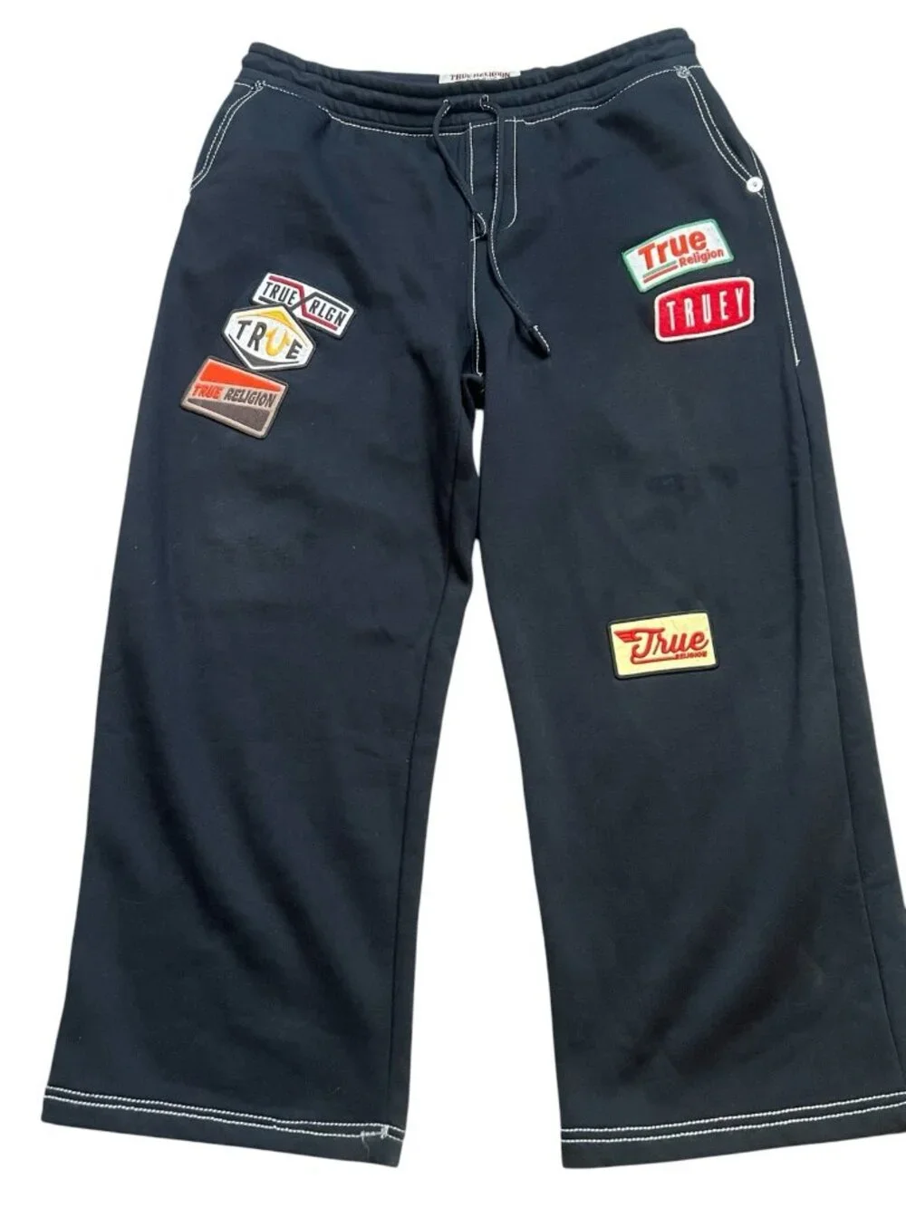 True Religion Men’s Big Patch Baggy Sweatpants Black Relaxed Streetwear sz XL/TG